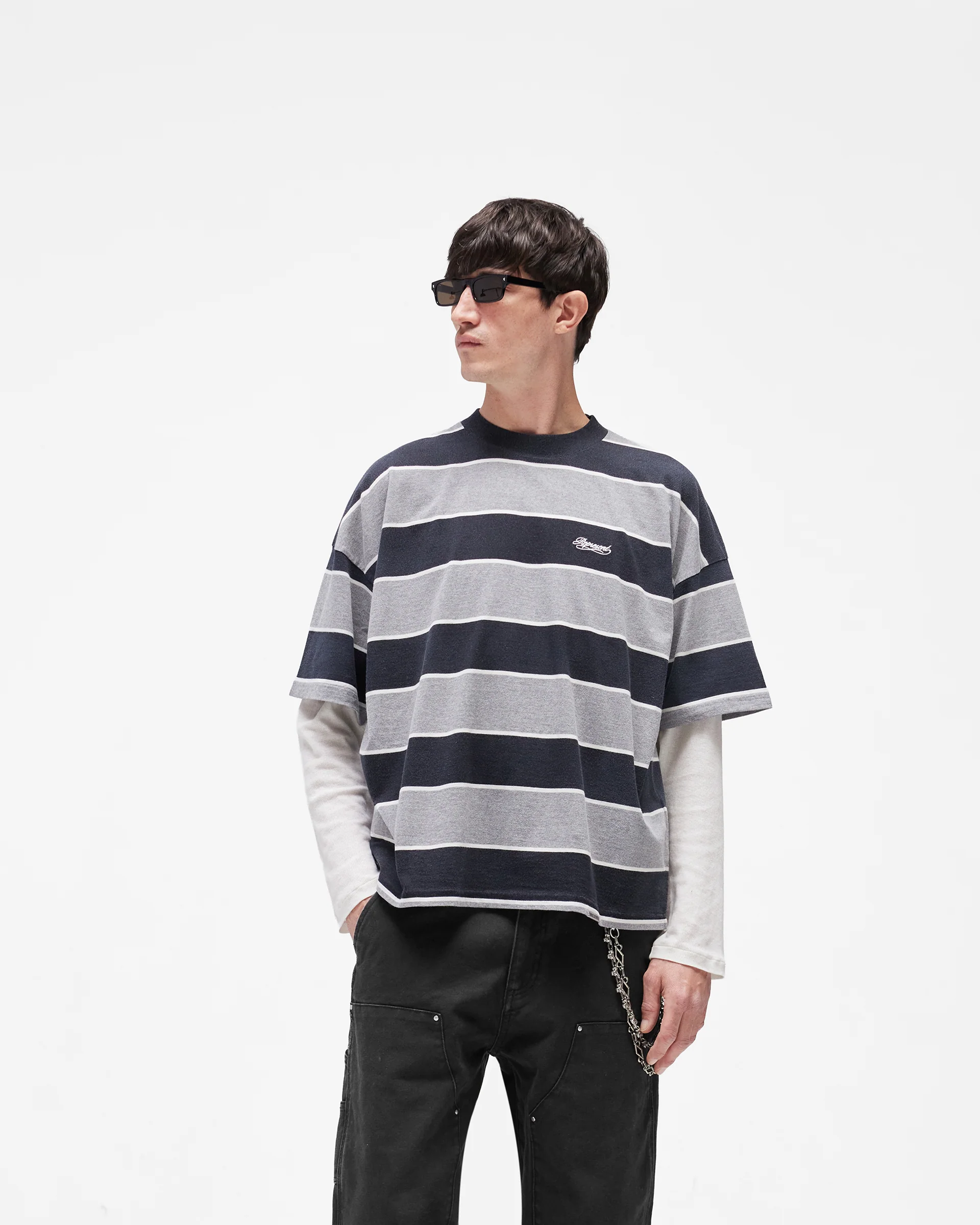 Calfornia Striped T-Shirt - Jet Black Grey Marl - Image 3