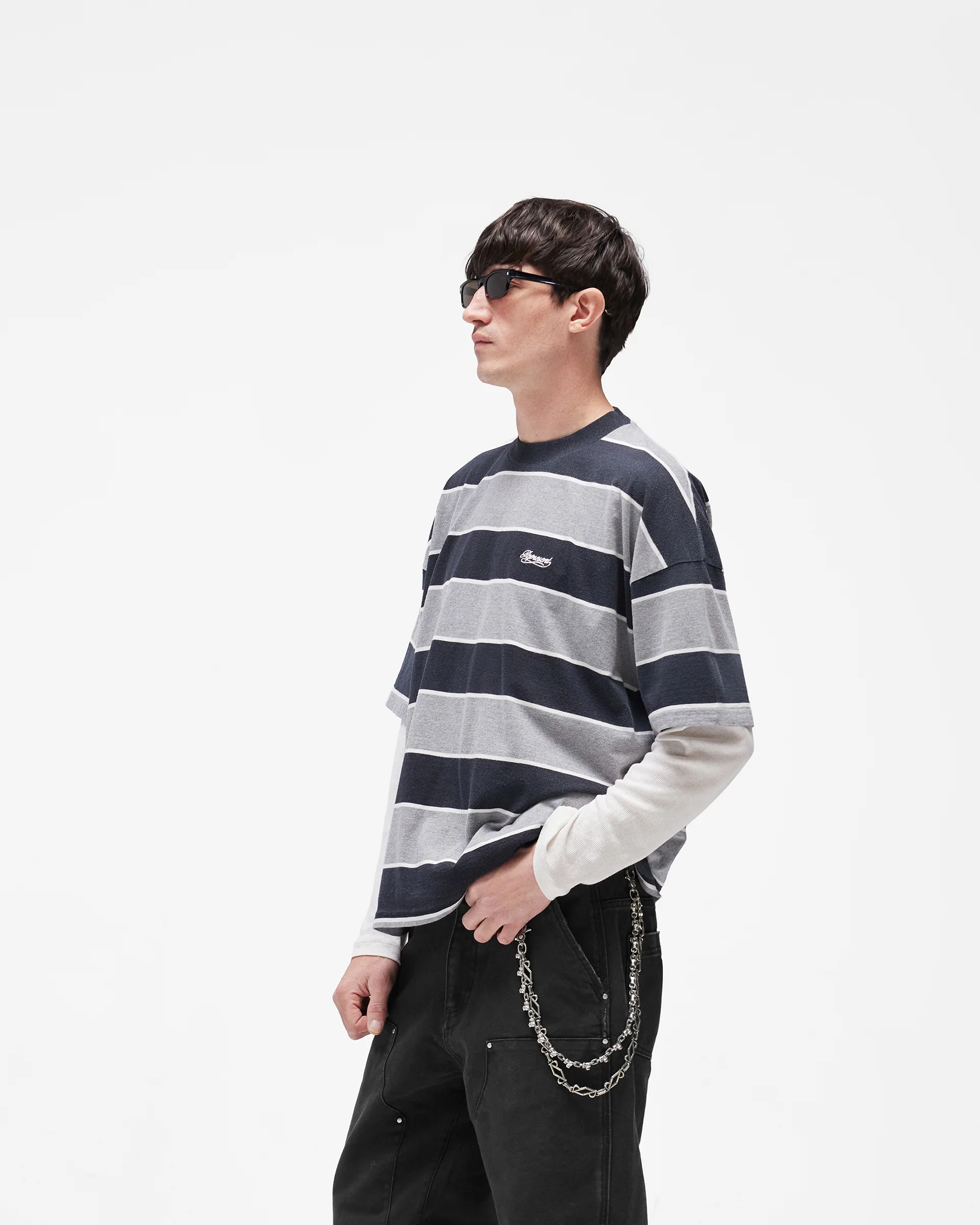 Calfornia Striped T-Shirt - Jet Black Grey Marl - Image 4