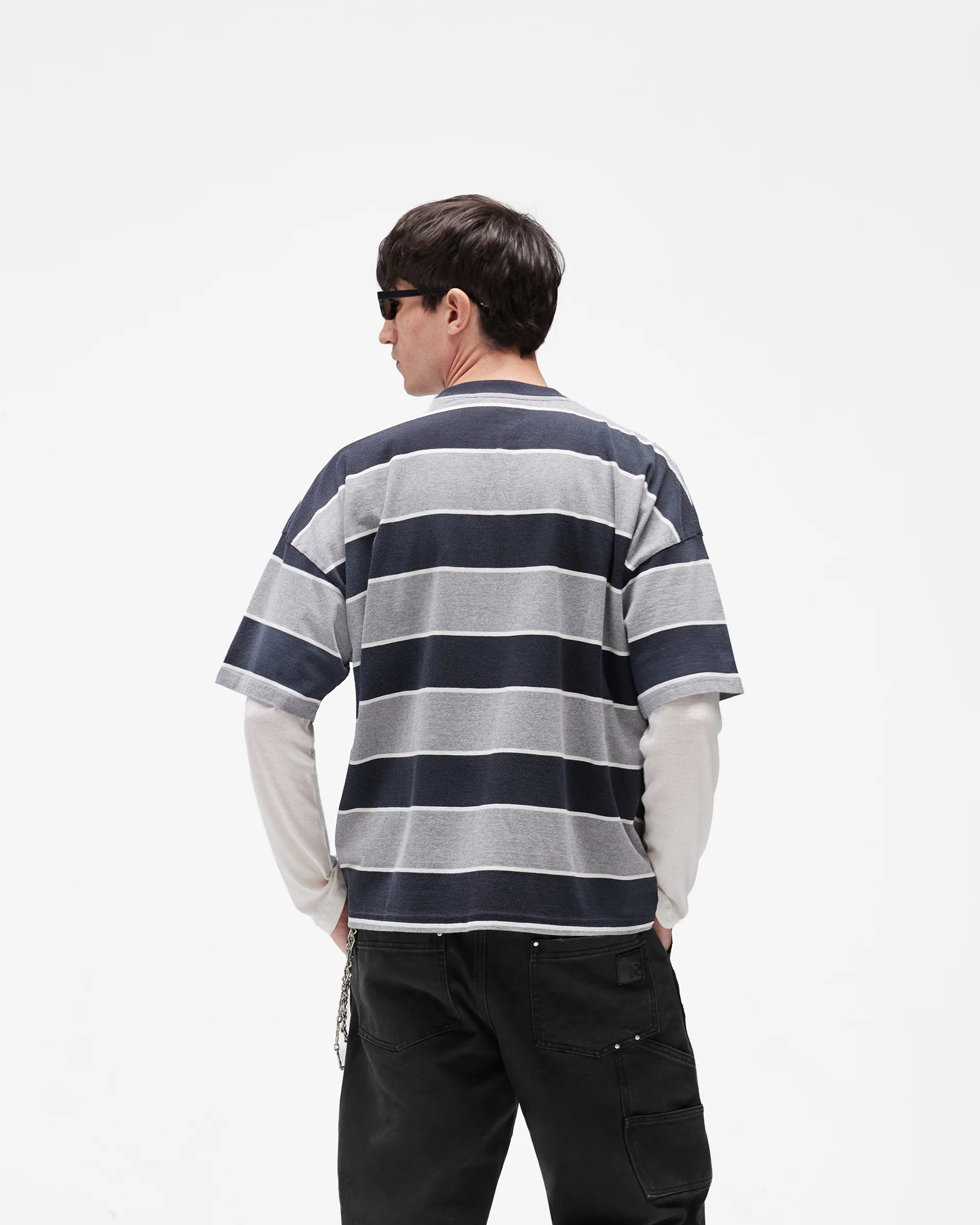 Calfornia Striped T-Shirt - Jet Black Grey Marl - Image 6