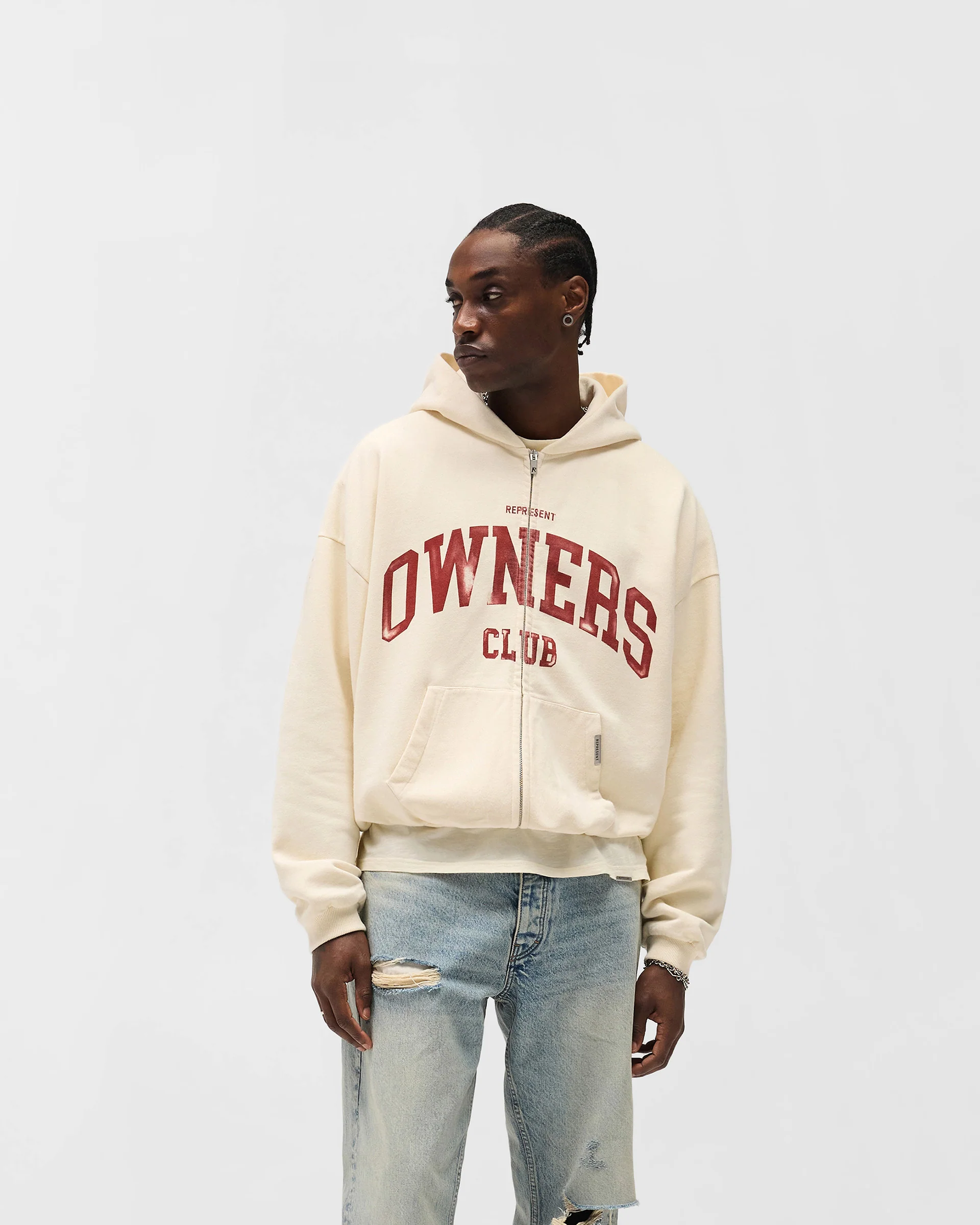 Represent Owners Club Zip Through Hoodie - Buttercream - Image 3