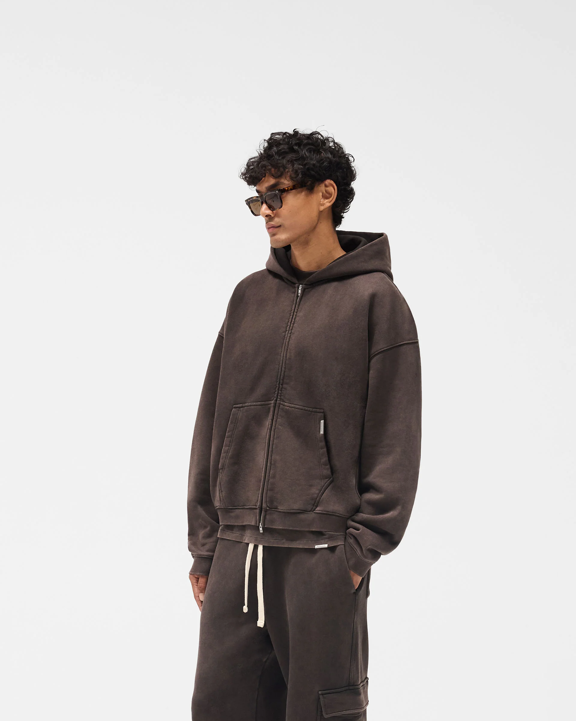 Initial Boxy Zip Through Hoodie - Coffee - Image 2