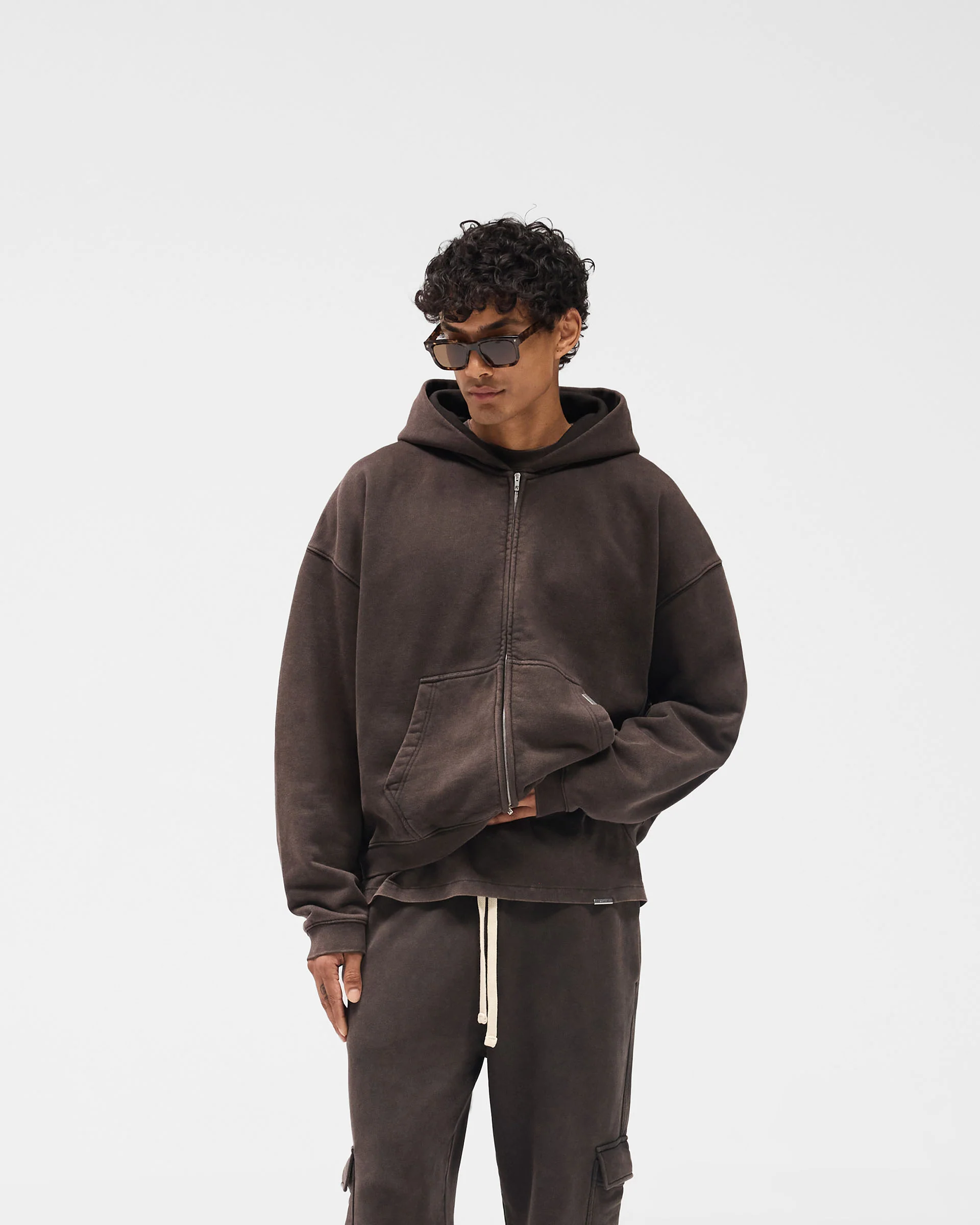 Initial Boxy Zip Through Hoodie - Coffee - Image 3