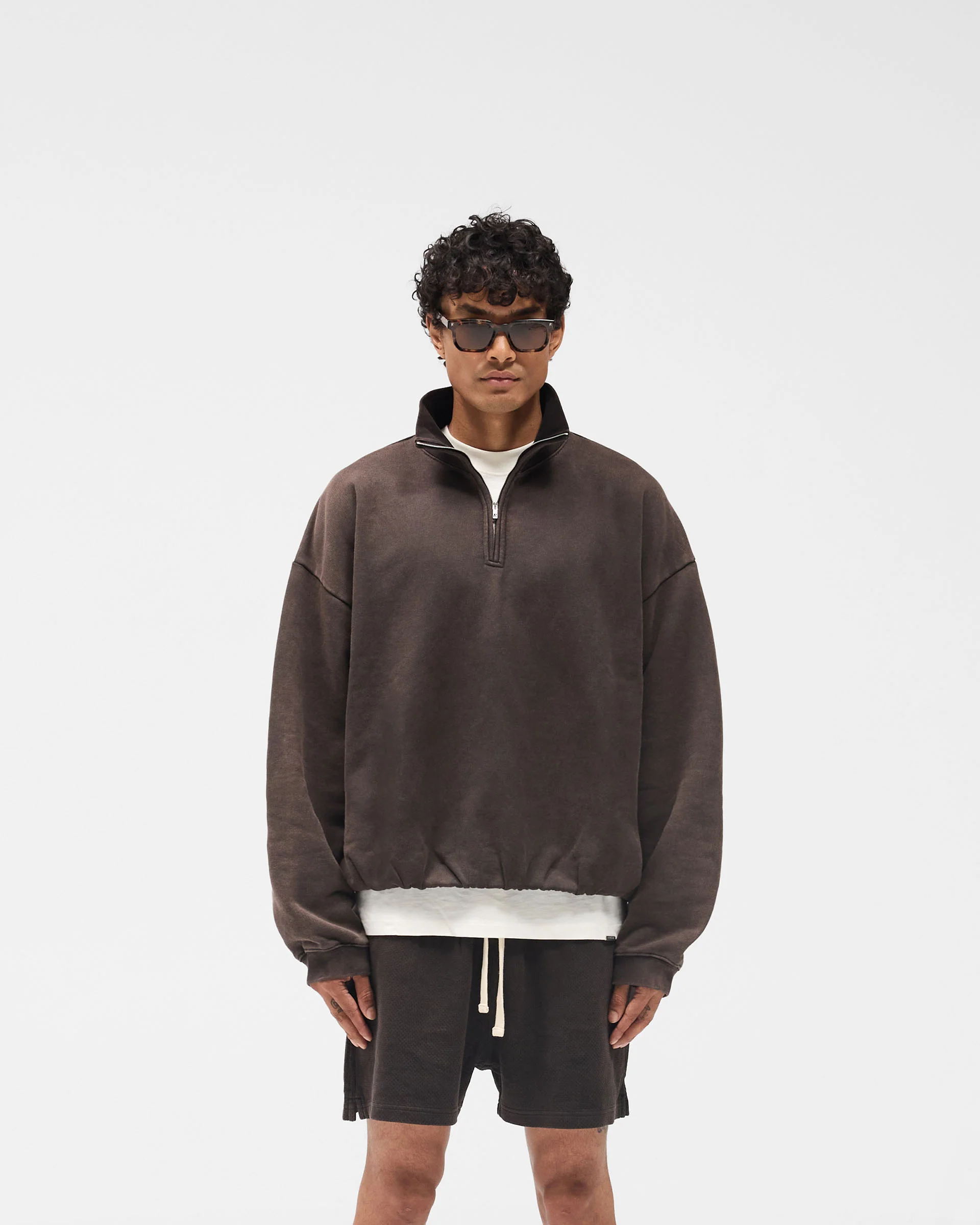 Initial Funnel Neck Quarter Zip Sweatshirt - Coffee - Image 3