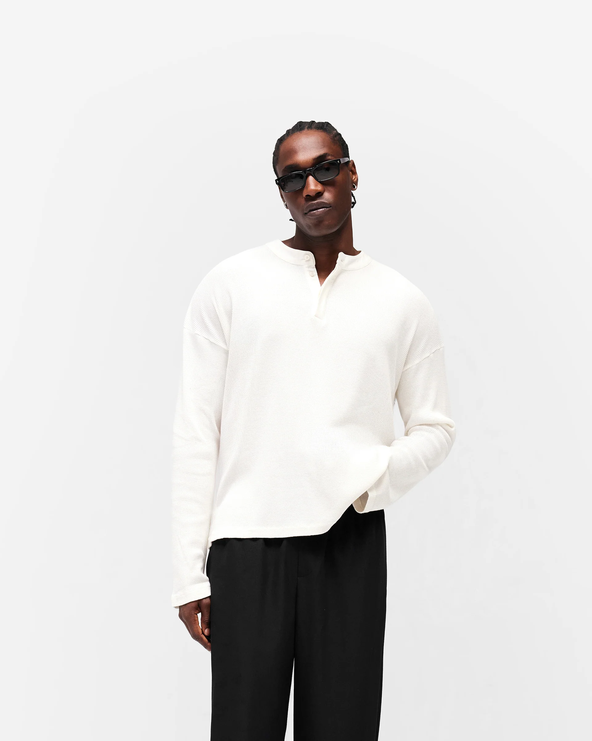 Initial Henley Waffle Long Sleeve T-Shirt - Flat White - Image 2