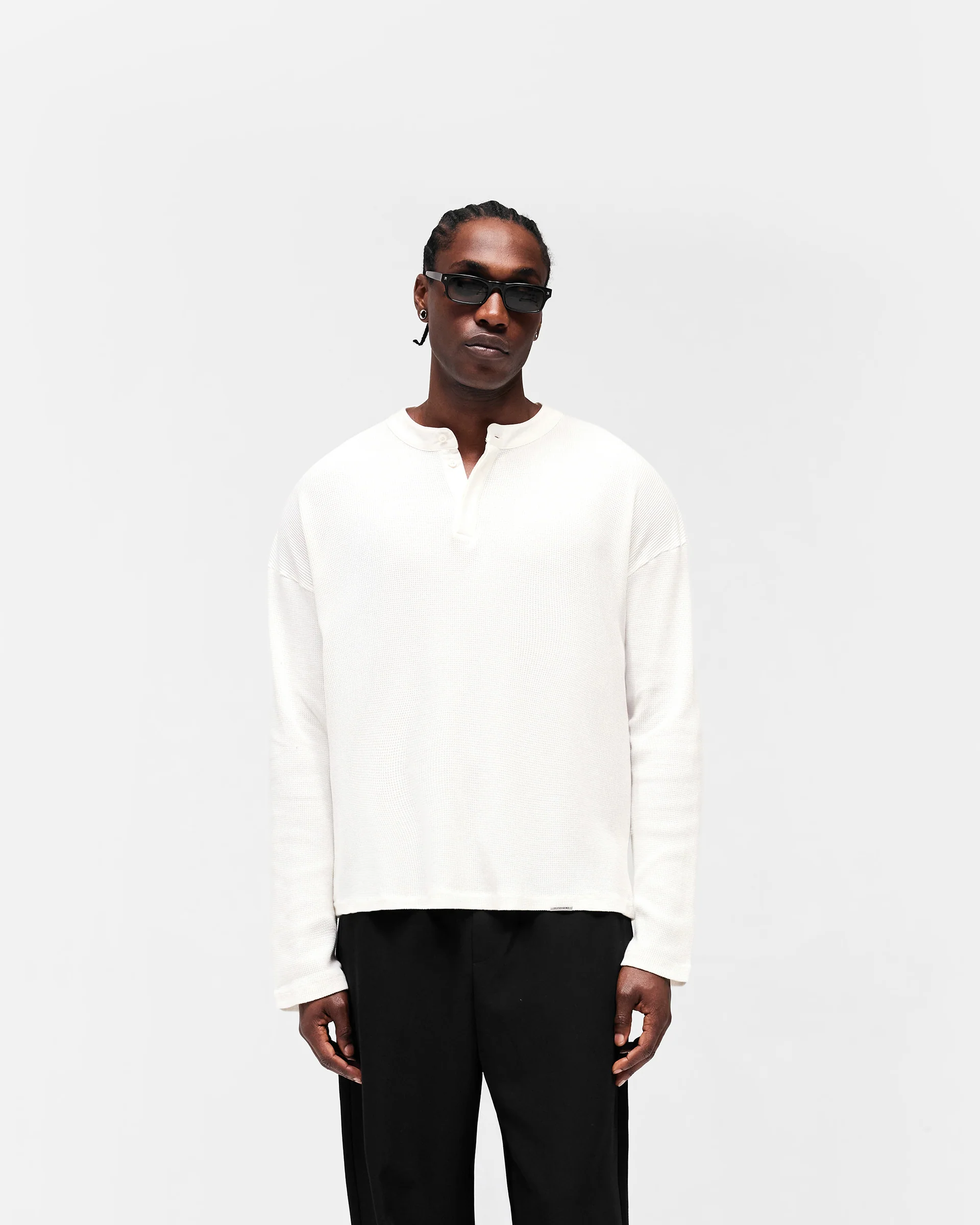 Initial Henley Waffle Long Sleeve T-Shirt - Flat White - Image 3