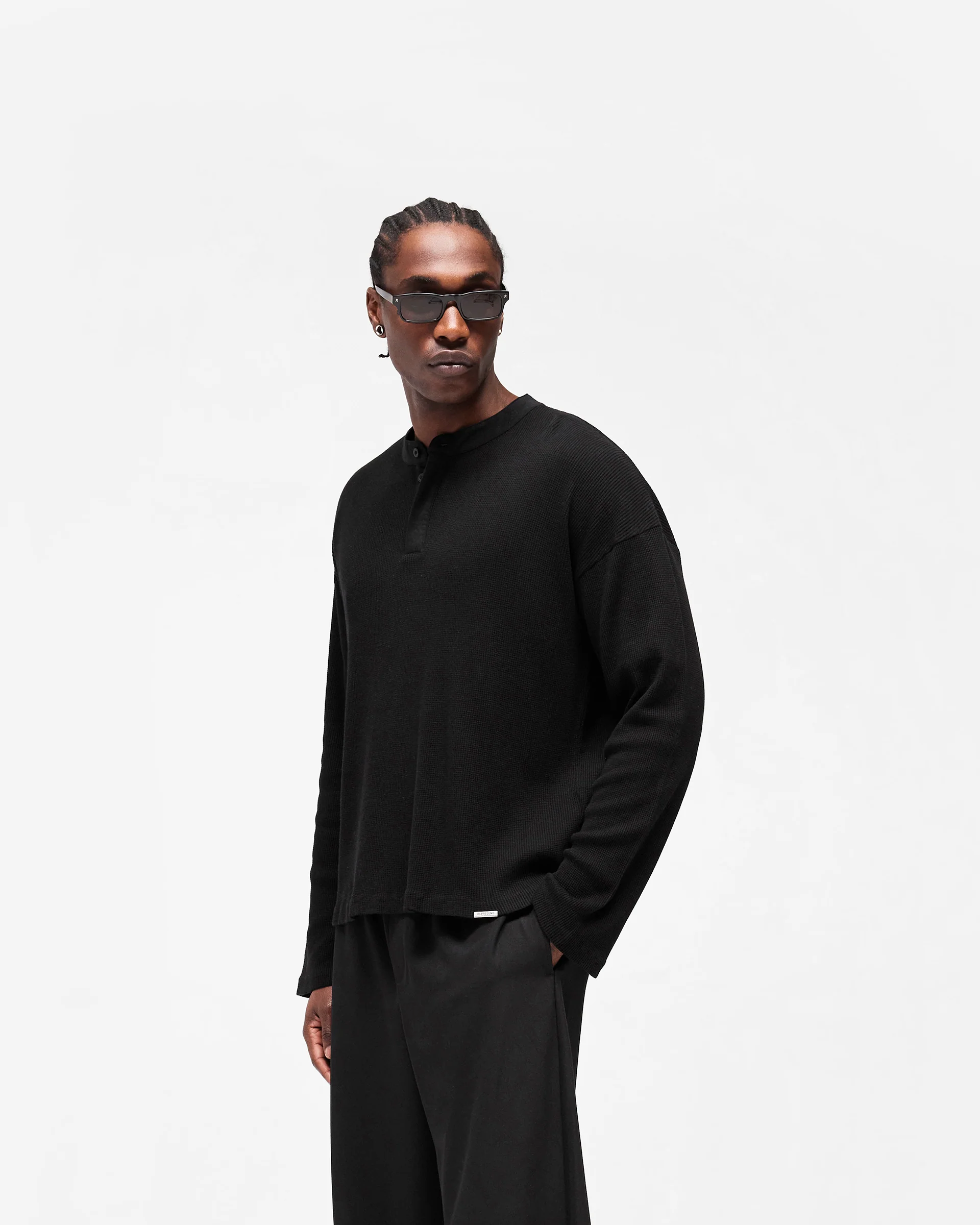 Initial Henley Waffle Long Sleeve T-Shirt - Jet Black - Image 2