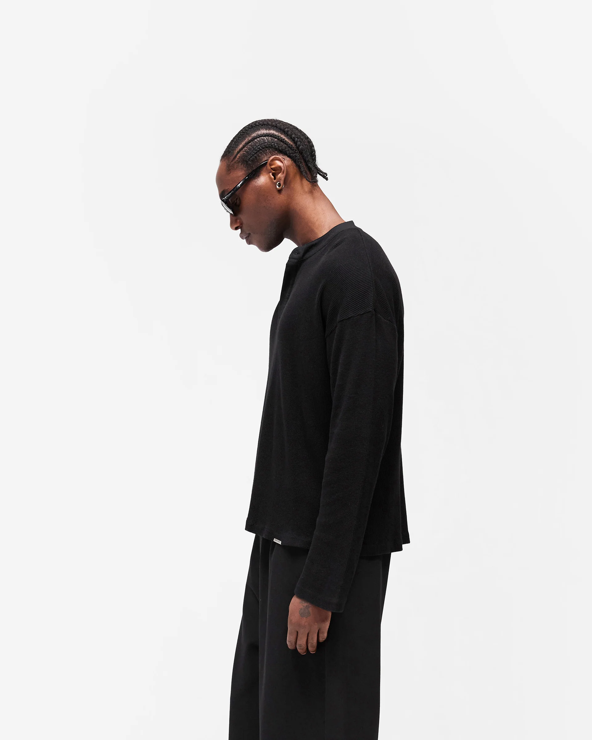 Initial Henley Waffle Long Sleeve T-Shirt - Jet Black - Image 5