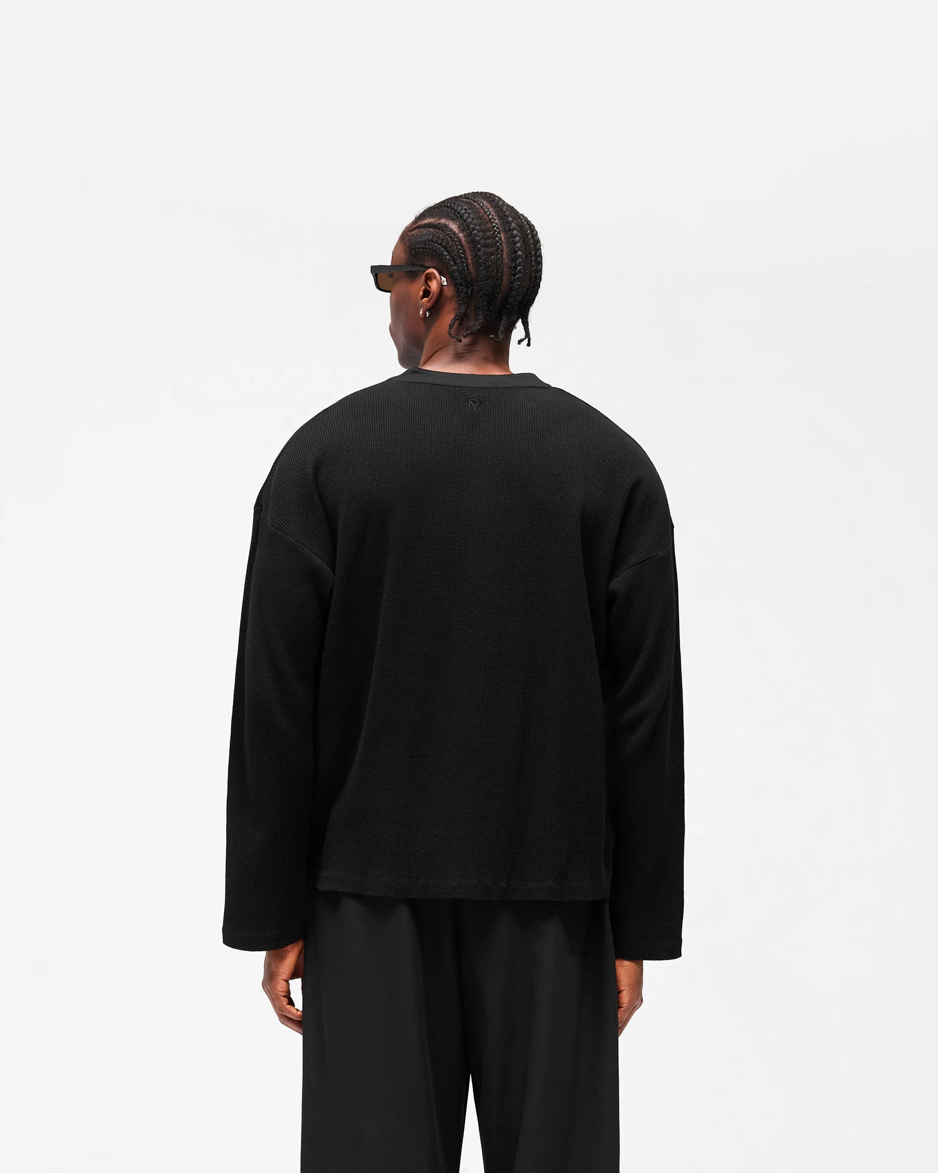 Initial Henley Waffle Long Sleeve T-Shirt - Jet Black - Image 7