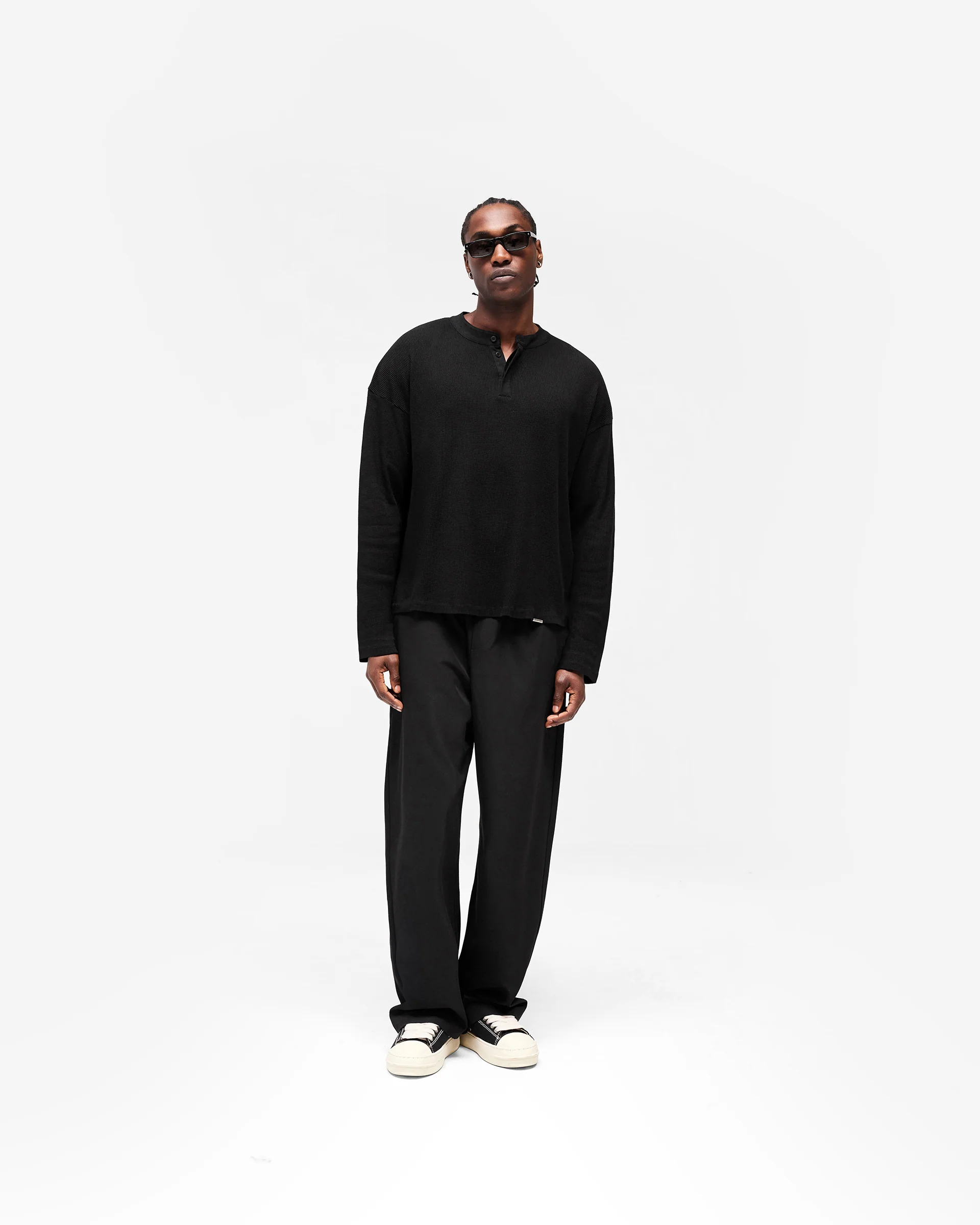 Initial Henley Waffle Long Sleeve T-Shirt - Jet Black - Image 8