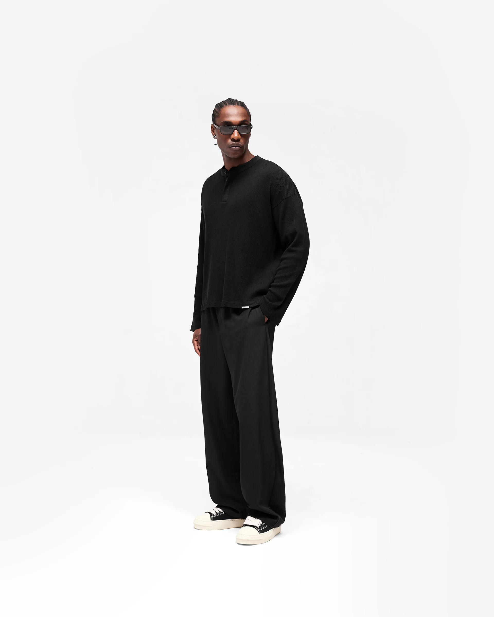 Initial Henley Waffle Long Sleeve T-Shirt - Jet Black - Image 9