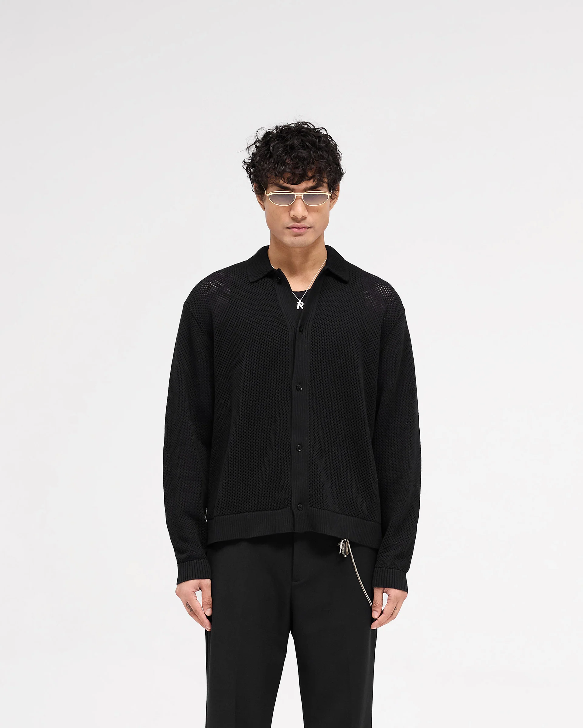 Long Sleeve Mesh Knit Shirt - Jet Black - Image 3