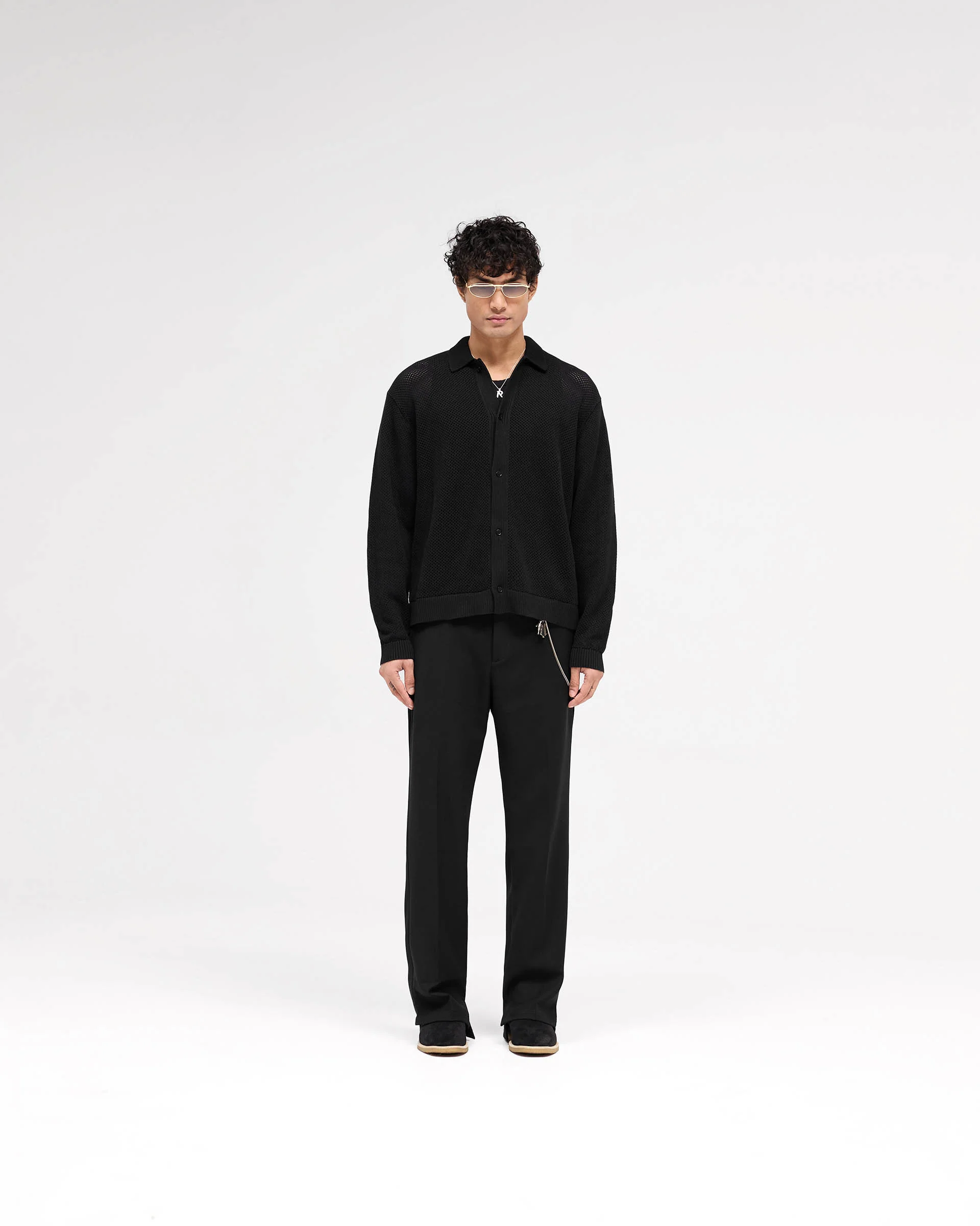 Long Sleeve Mesh Knit Shirt - Jet Black - Image 5