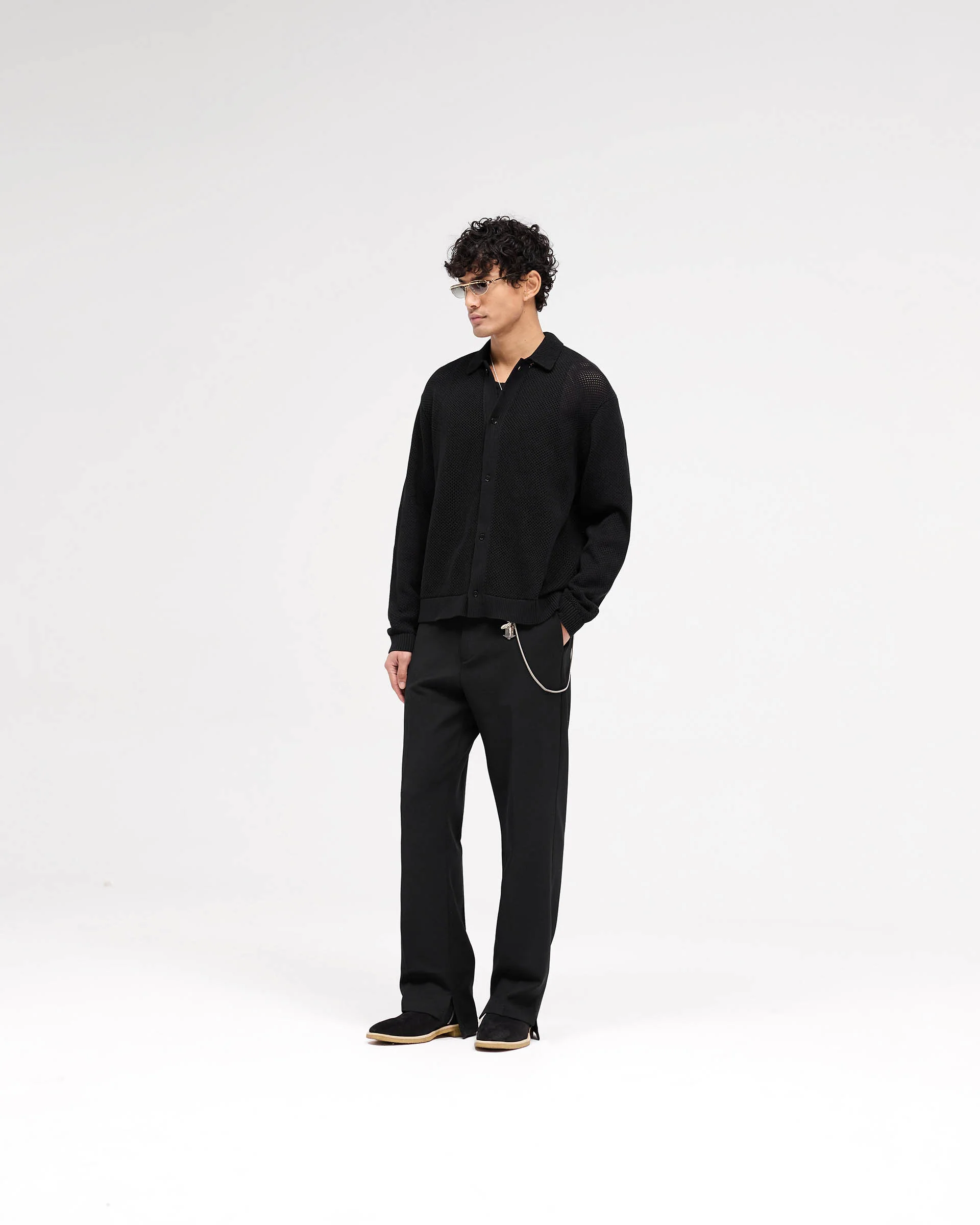 Long Sleeve Mesh Knit Shirt - Jet Black - Image 6