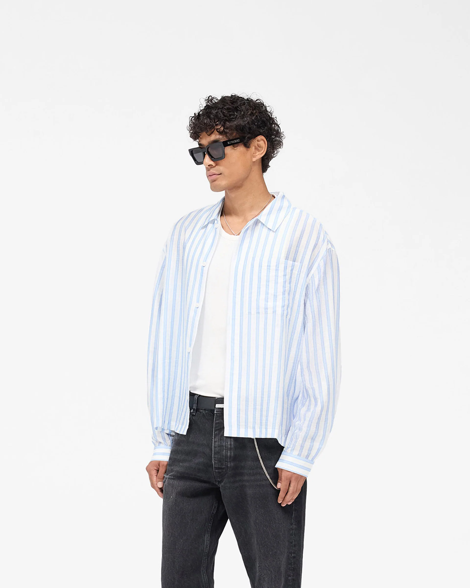 Long Sleeve Sheer Stripe Boxy Shirt - Ice Blue - Image 2
