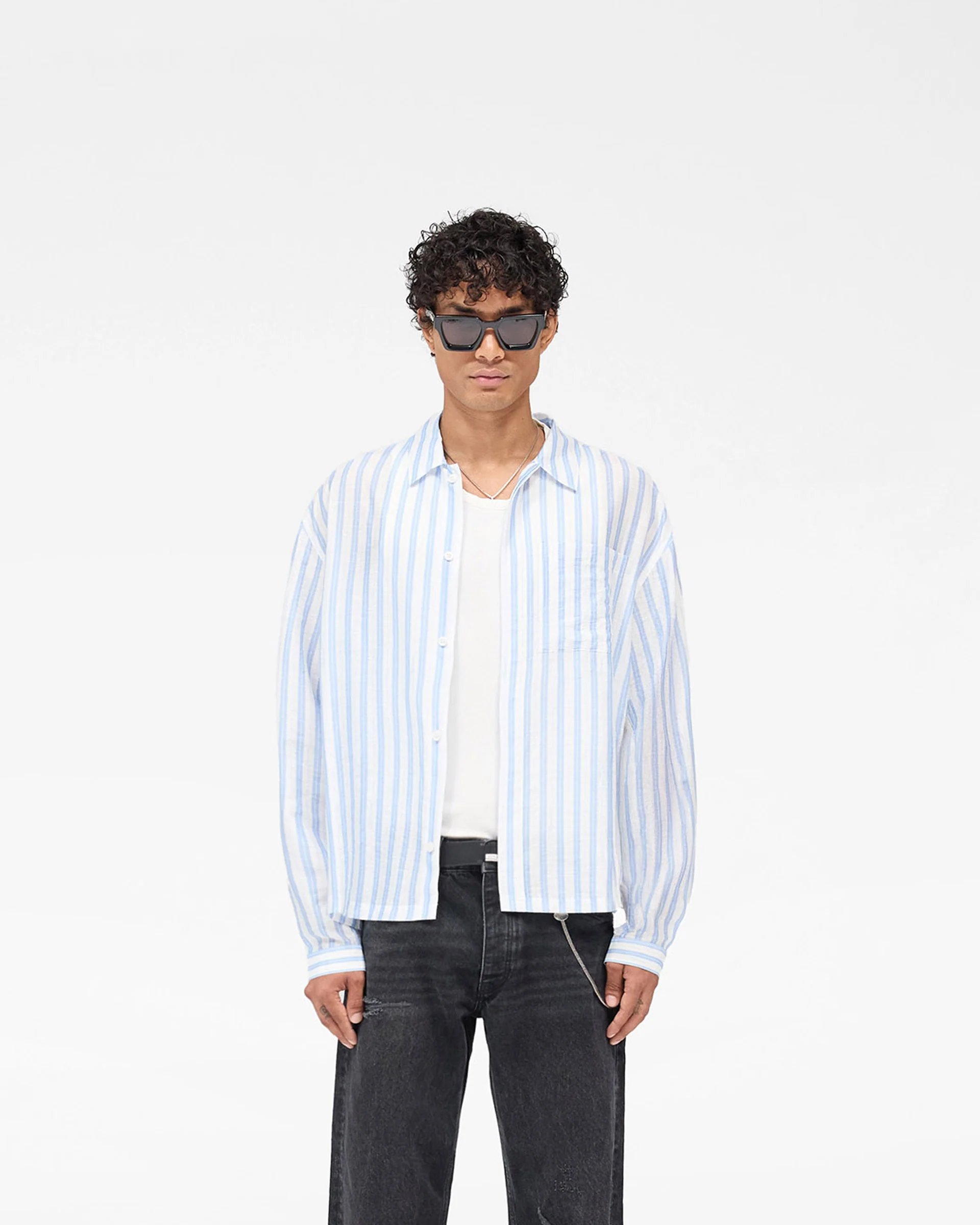 Long Sleeve Sheer Stripe Boxy Shirt - Ice Blue - Image 3