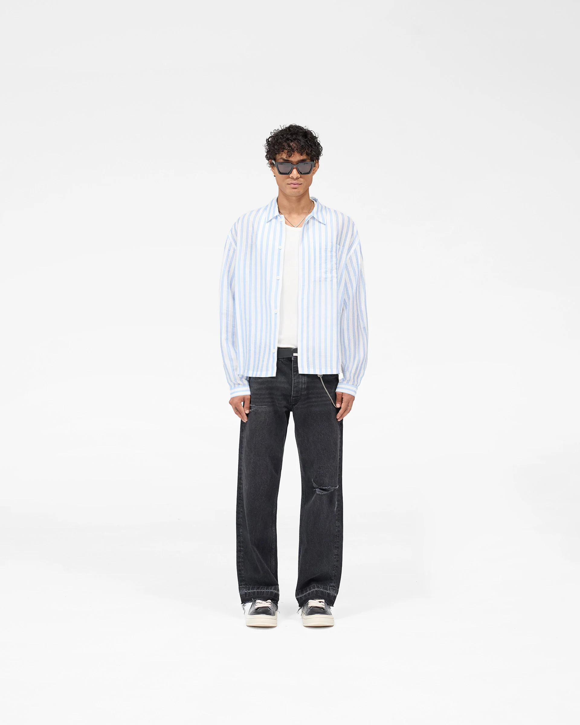 Long Sleeve Sheer Stripe Boxy Shirt - Ice Blue - Image 5