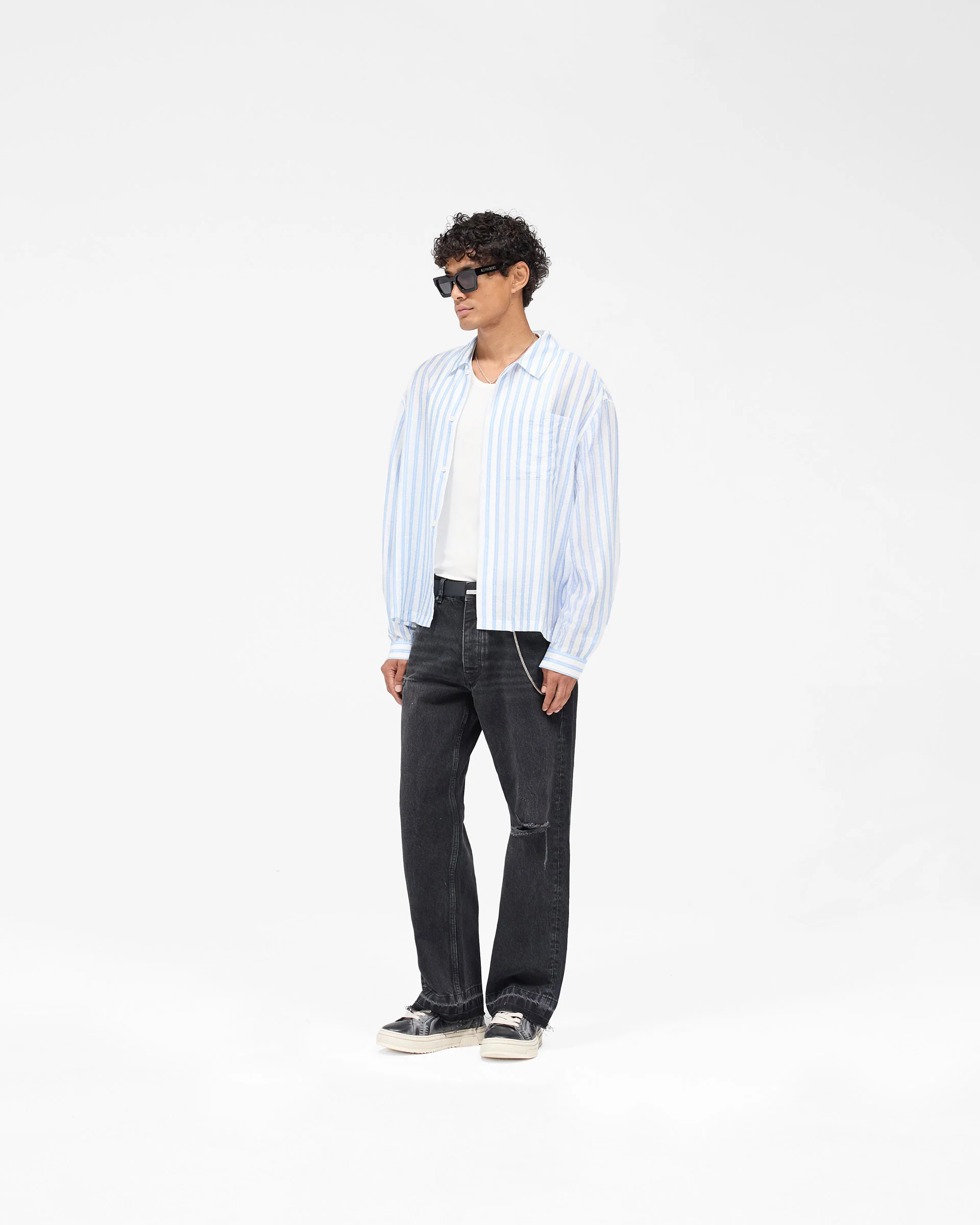 Long Sleeve Sheer Stripe Boxy Shirt - Ice Blue - Image 6