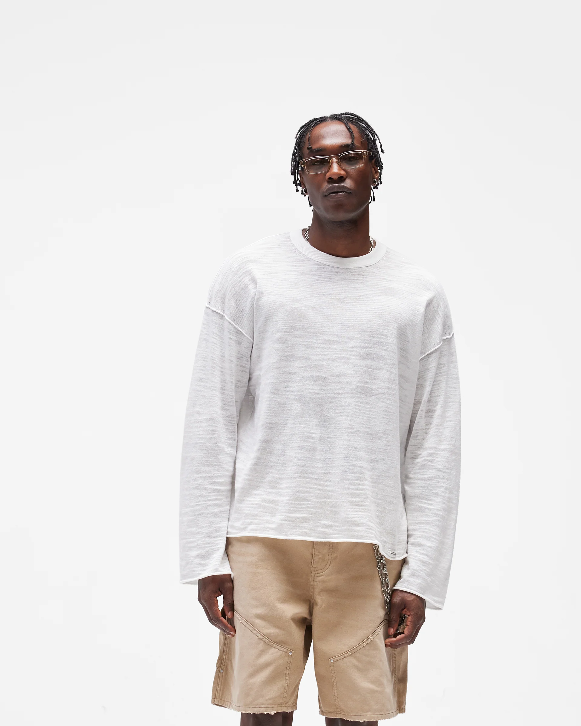 Long Sleeve Slub Knit T-Shirt - Flat White - Image 3