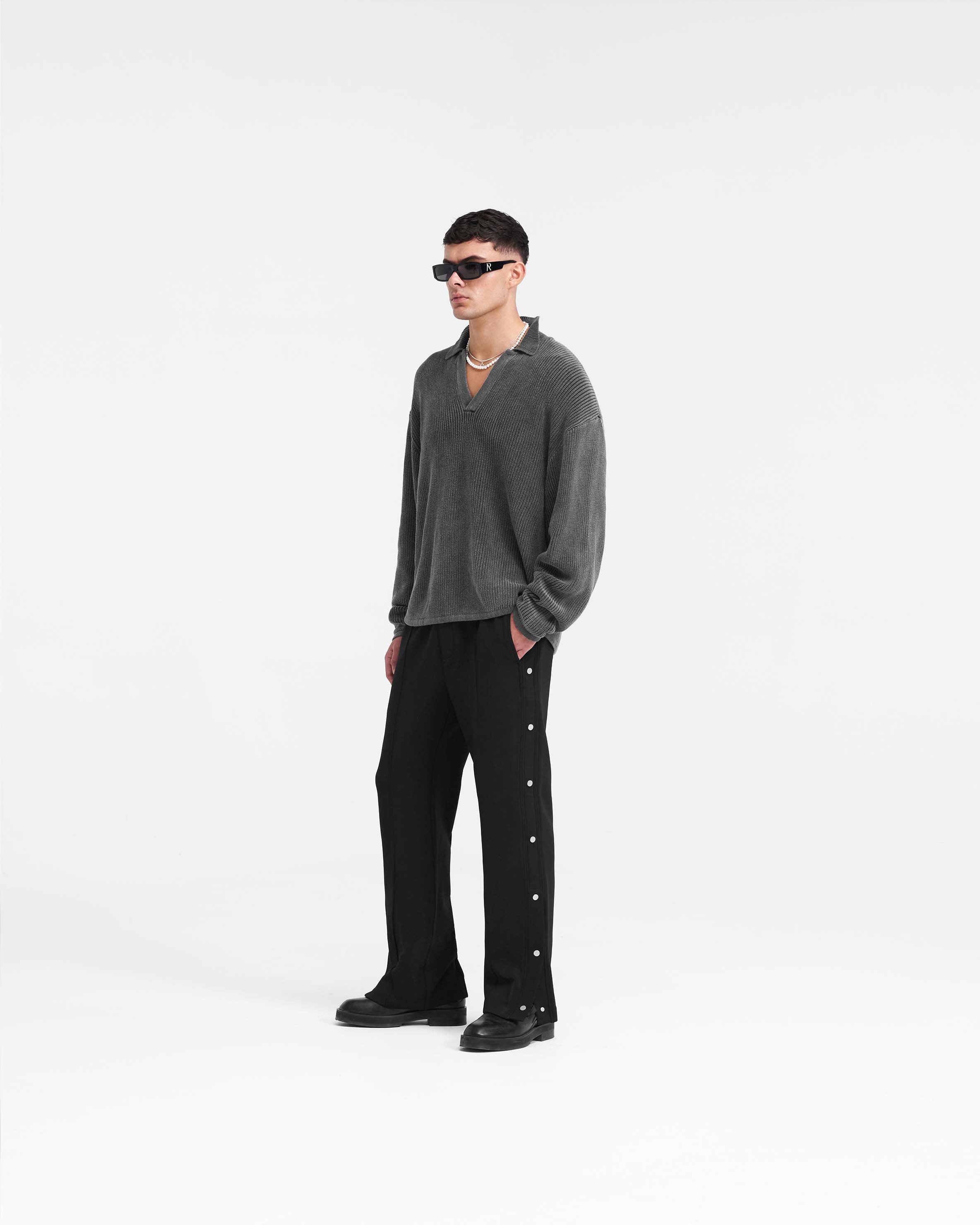 Ribbed Knit Oversized Polo - Washed Black - Image 8