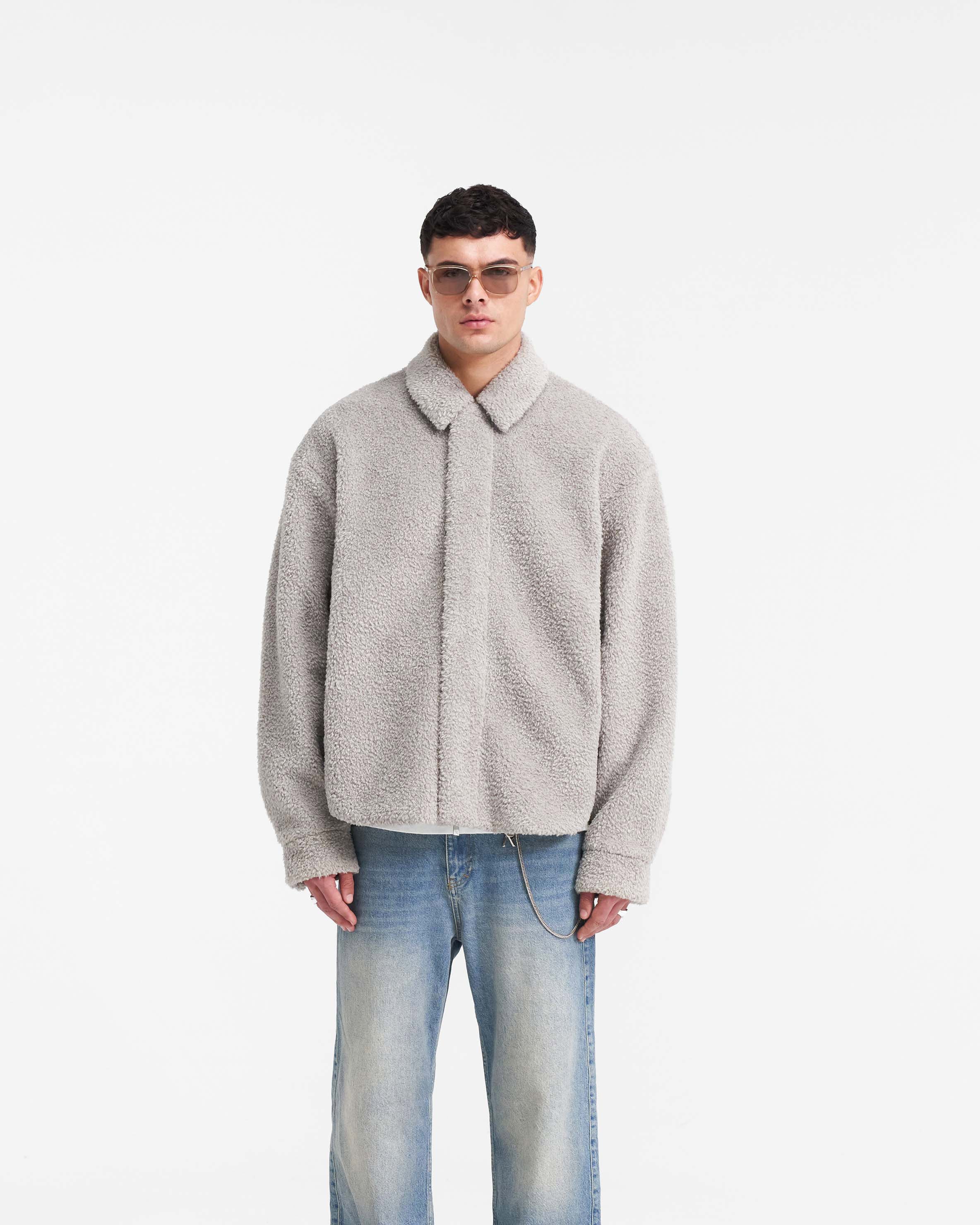 Shearling Scoop Hem Shirt - Ice Grey - Image 3