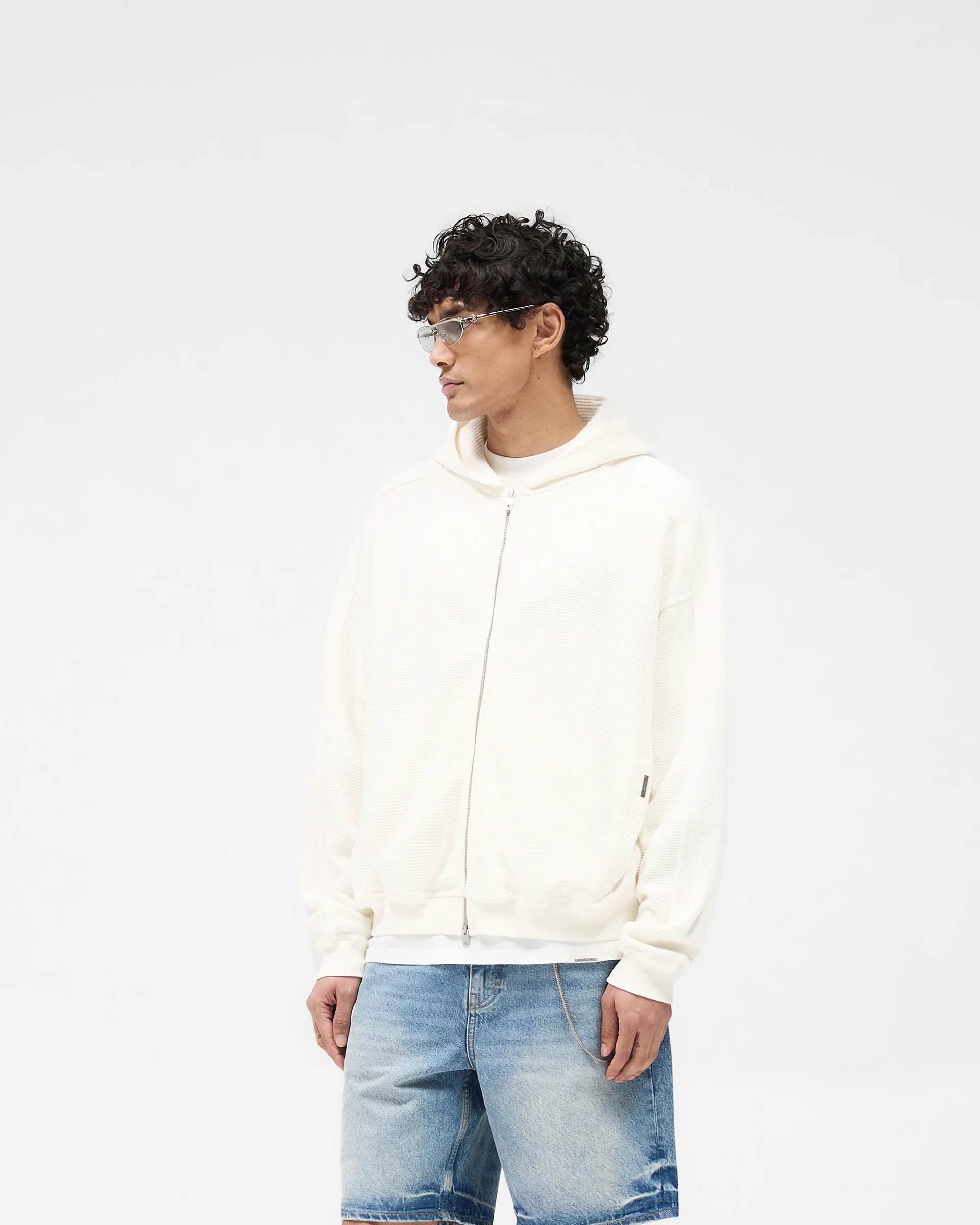 Waffle Zip Through Hoodie - Flat White - Image 2