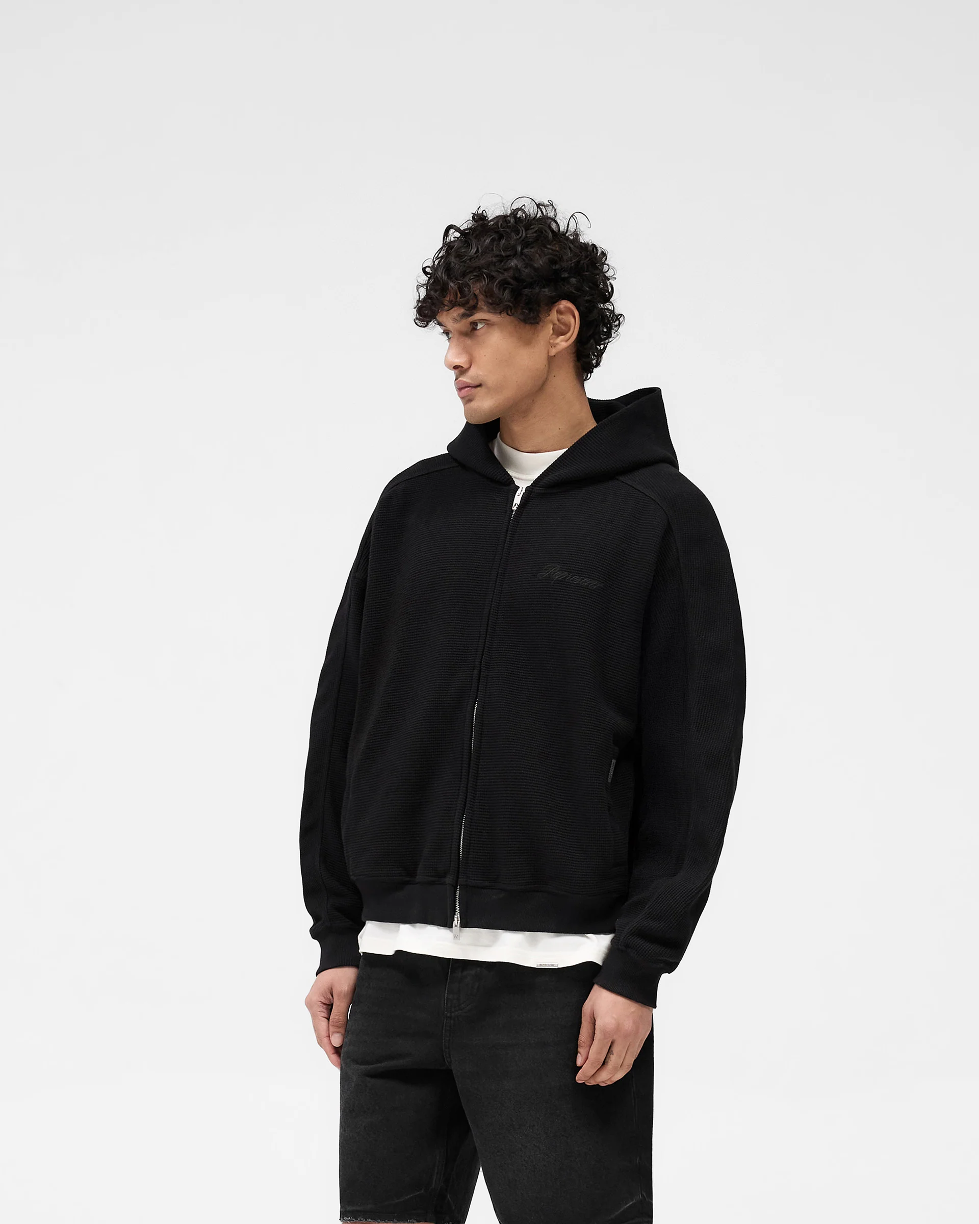 Waffle Zip Through Hoodie - Jet Black - Image 2