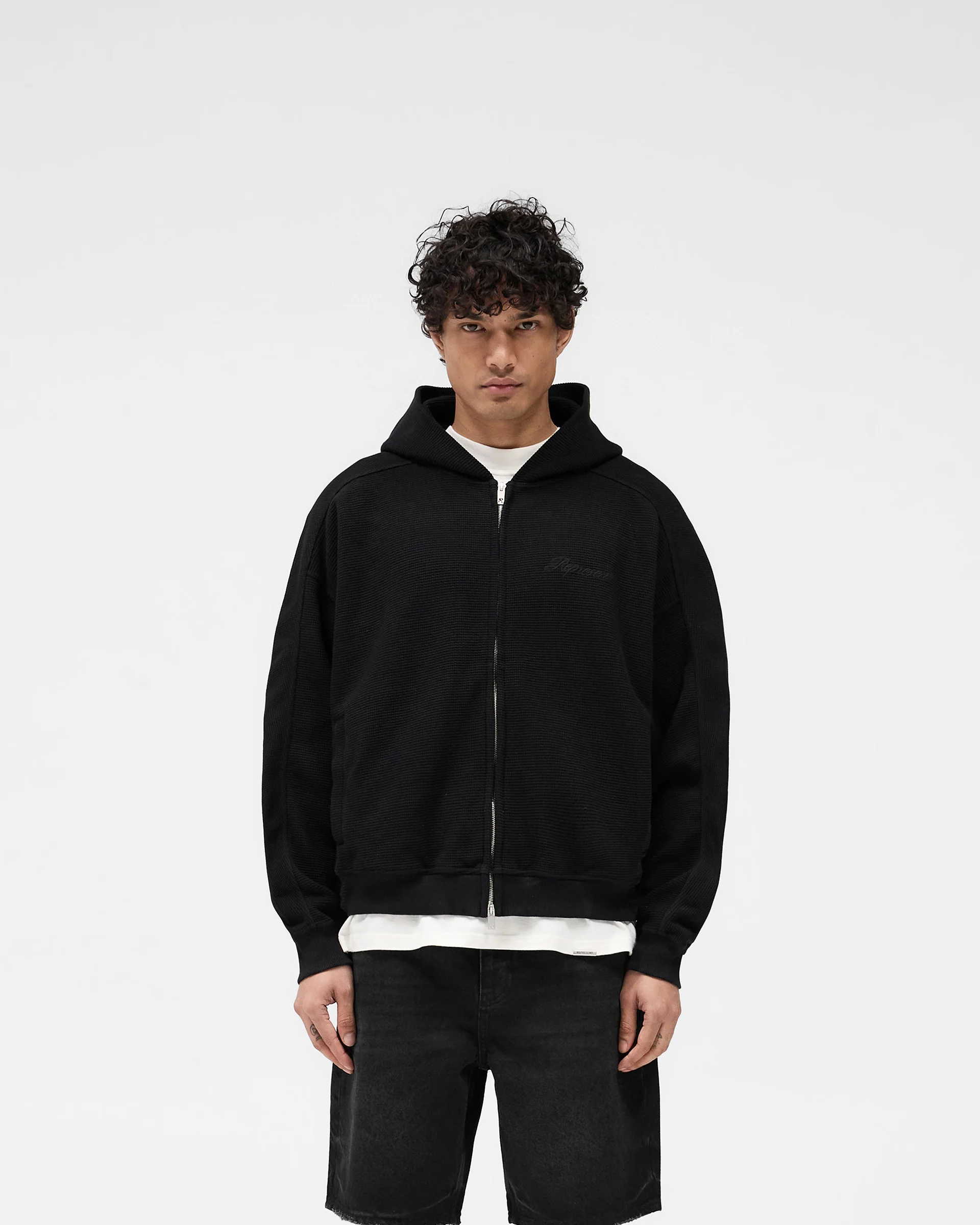 Waffle Zip Through Hoodie - Jet Black - Image 3