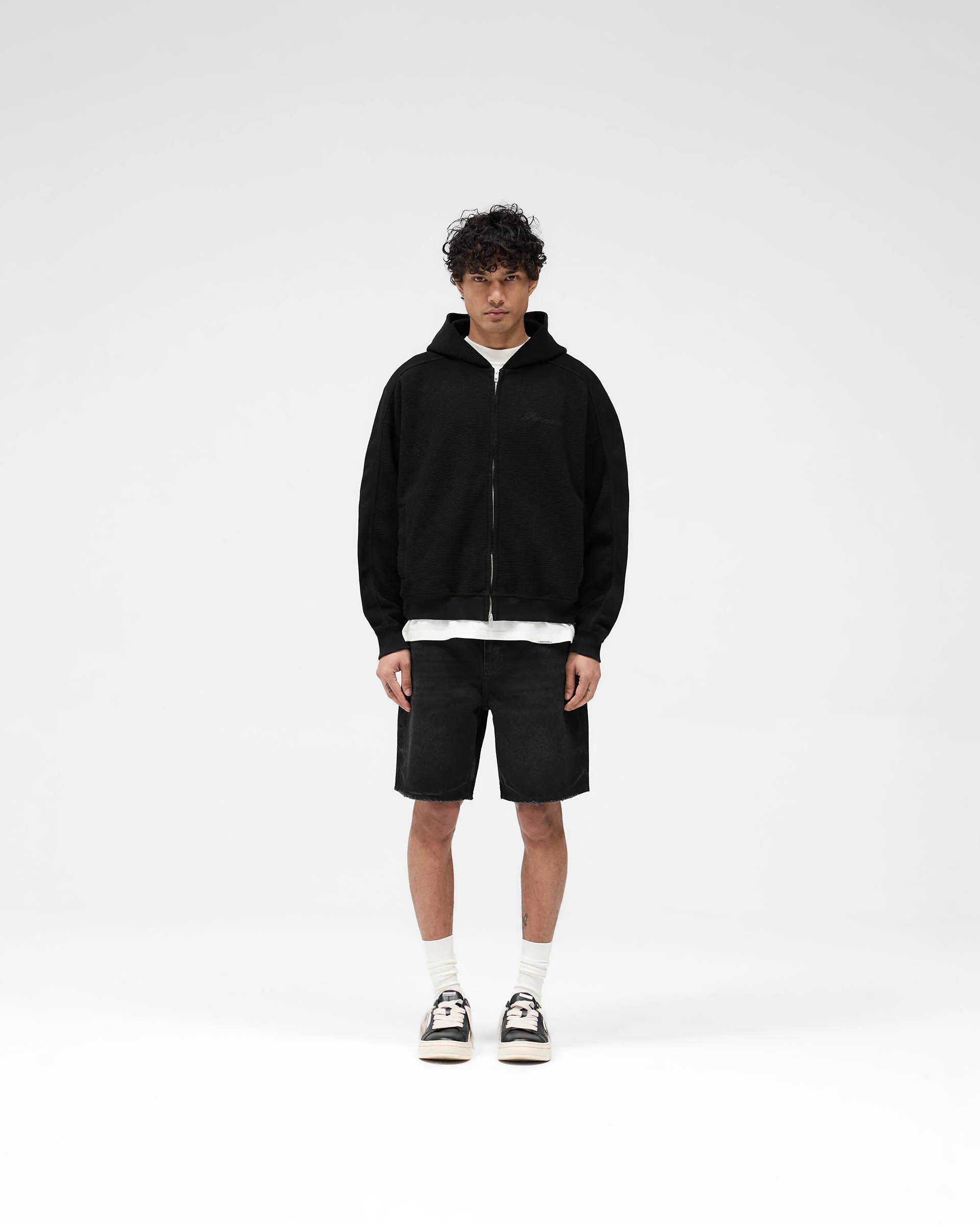 Waffle Zip Through Hoodie - Jet Black - Image 5